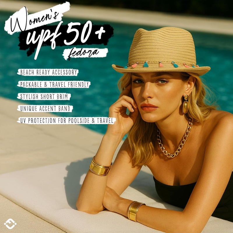 Funky Junque Women's Straw Fedora Sun Hat - UPF 50+ Protection, Short Brim, Stylish Woven Pattern - Image 2